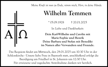Traueranzeige von Wilhelm Temmen von Frankenpost