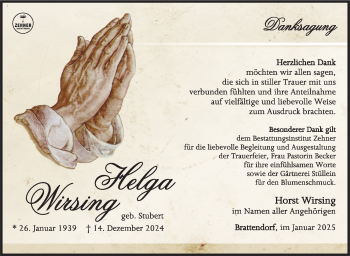 Traueranzeige von Helga Wirsing von Südthüringer Presse