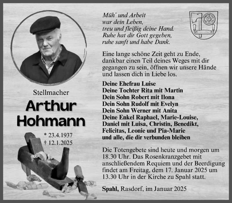  Traueranzeige für Arthur Hohmann vom 15.01.2025 aus Südthüringer Presse