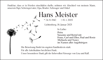 Traueranzeige von Hans Meister von Frankenpost