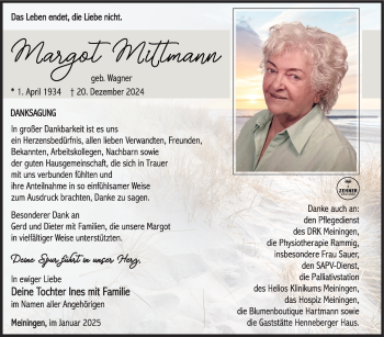 Traueranzeige von Margot Mittmann von Südthüringer Presse