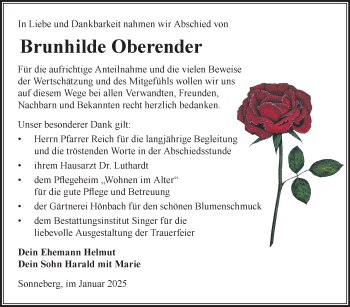 Traueranzeige von Brunhilde Oberender von Südthüringer Presse