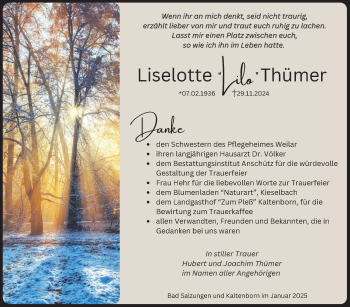 Traueranzeige von Liselotte Thümer von Südthüringer Presse