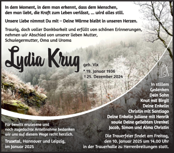 Traueranzeige von Lydia Krug von Südthüringer Presse