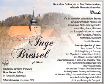 Traueranzeige von Inge Bressel von Südthüringer Presse