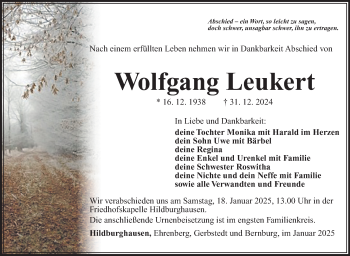 Traueranzeige von Wolfgang Leukert von Südthüringer Presse