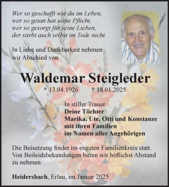 Traueranzeige von Waldemar Steigleder von Südthüringer Presse