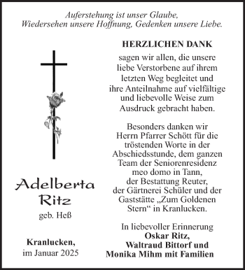 Traueranzeige von Adelberta Ritz von Südthüringer Presse