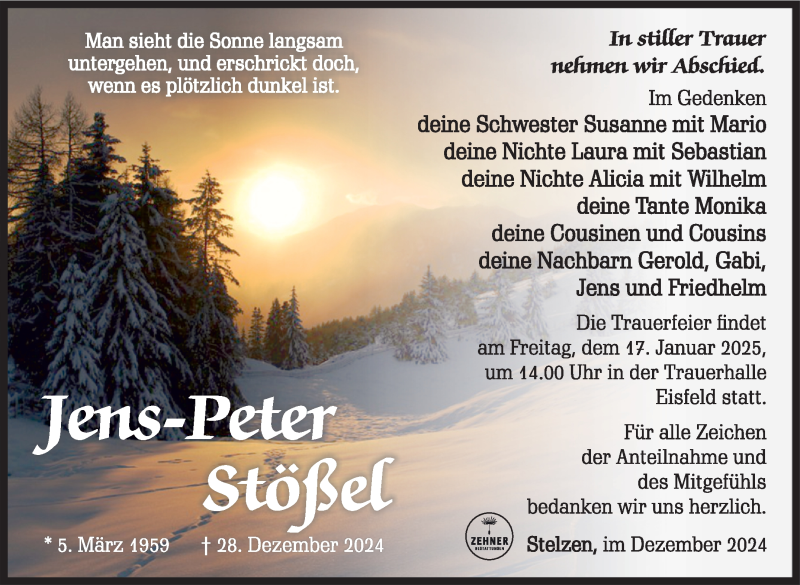  Traueranzeige für Jens-Peter Stößel vom 11.01.2025 aus Südthüringer Presse