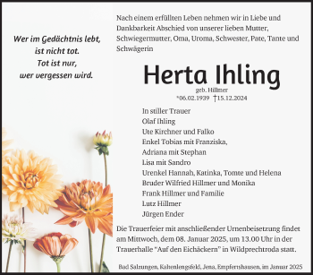 Traueranzeige von Herta Ihling von Südthüringer Presse