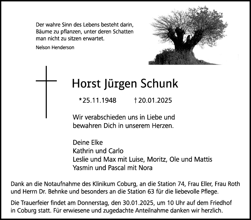  Traueranzeige für Horst Schunk vom 25.01.2025 aus Neue Presse Coburg