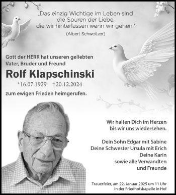Traueranzeige von Rolf Klapschinski von Frankenpost