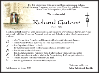 Traueranzeige von Roland Gatzer von Südthüringer Presse