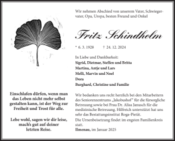 Traueranzeige von Fritz Schindhelm von Südthüringer Presse