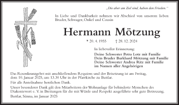 Traueranzeige von Hermann Mötzung von Südthüringer Presse
