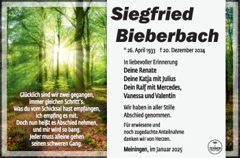 Traueranzeige von Siegfried Bieberbach von Südthüringer Presse