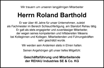 Traueranzeige von Roland Barthold von Frankenpost