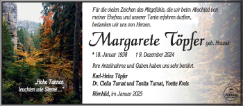 Traueranzeige von Margarete Töpfer von Südthüringer Presse