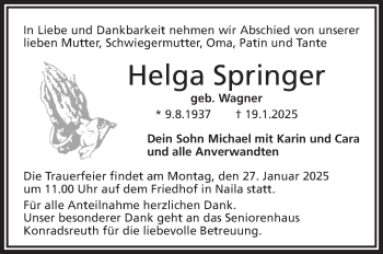 Traueranzeige von Helga Springer von Frankenpost