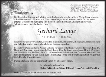 Traueranzeige von Gerhard Lange von Südthüringer Presse
