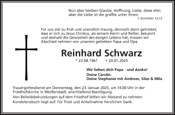 Traueranzeige von Reinhard Schwarz von Frankenpost