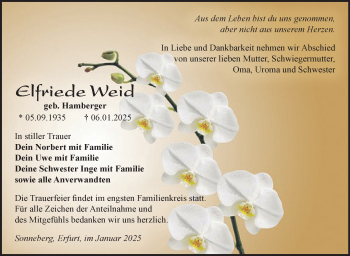 Traueranzeige von Elfriede Weid von Südthüringer Presse