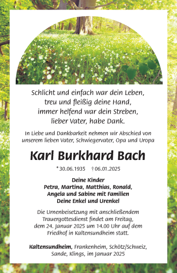 Traueranzeige von Karl Burkhard Bach von Südthüringer Presse
