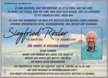 Traueranzeige von Siegfried Rösler von Südthüringer Presse