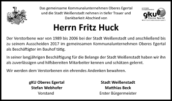 Traueranzeige von Fritz Huck von Frankenpost