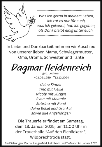 Traueranzeige von Dagmar Heidenreich von Südthüringer Presse