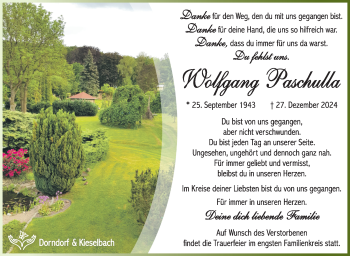 Traueranzeige von Wolfgang Paschulla von Südthüringer Presse