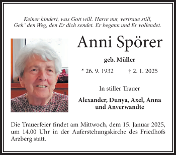 Traueranzeige von Anni Spörer von Frankenpost
