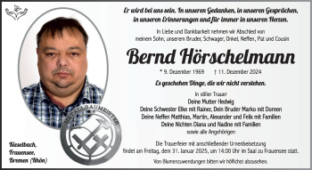 Traueranzeige von Bernd Hörschelmann von Südthüringer Presse