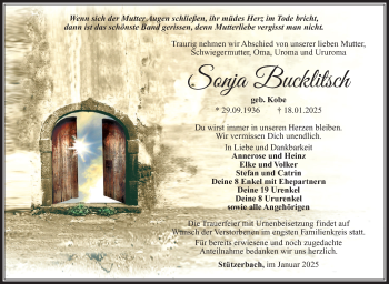 Traueranzeige von Sonja Bucklitsch von Südthüringer Presse