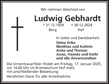 Traueranzeige von Ludwig Gebhardt von Frankenpost
