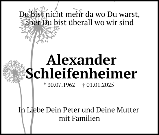 Traueranzeige von Alexander Schleifenheimer von Neue Presse Coburg