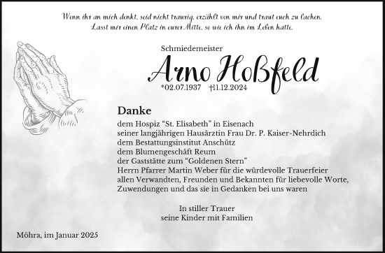 Traueranzeige von Arno Hoßfeld von Südthüringer Presse