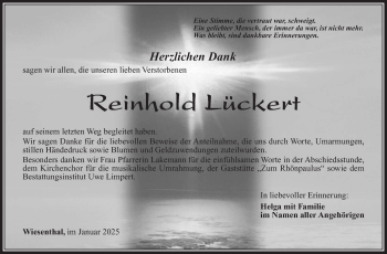 Traueranzeige von Reinhold Lückert von Südthüringer Presse