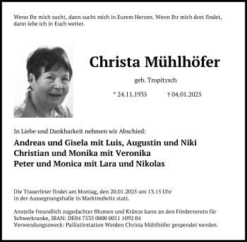 Traueranzeige von Christa Mühlhöfer von Frankenpost