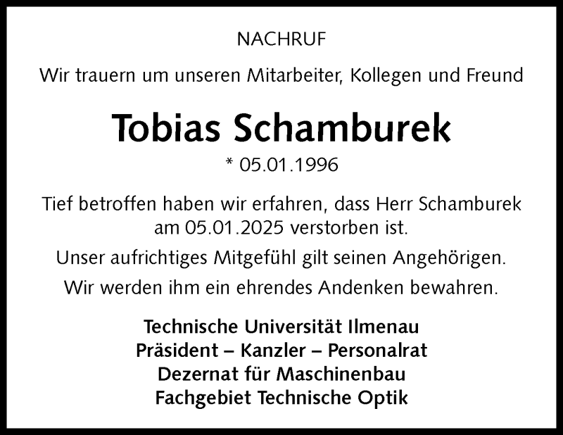  Traueranzeige für Tobias Schamburek vom 25.01.2025 aus Südthüringer Presse