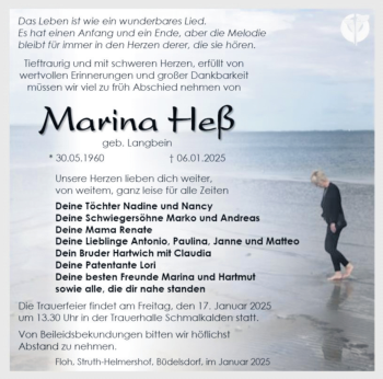 Traueranzeige von Marina Heß von Südthüringer Presse