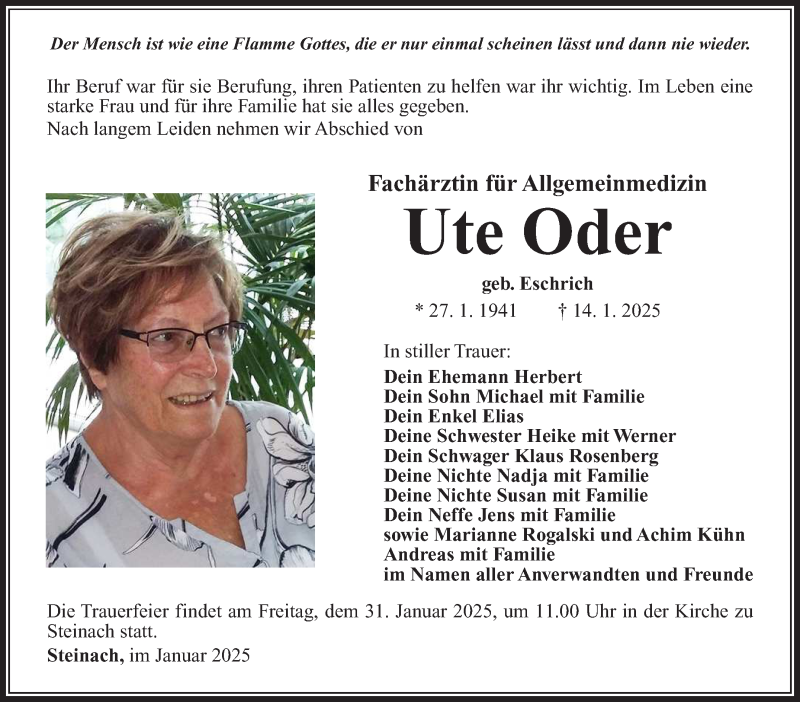  Traueranzeige für Ute Oder vom 25.01.2025 aus Südthüringer Presse
