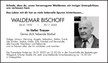 Traueranzeige von Waldemar Bischoff von Südthüringer Presse