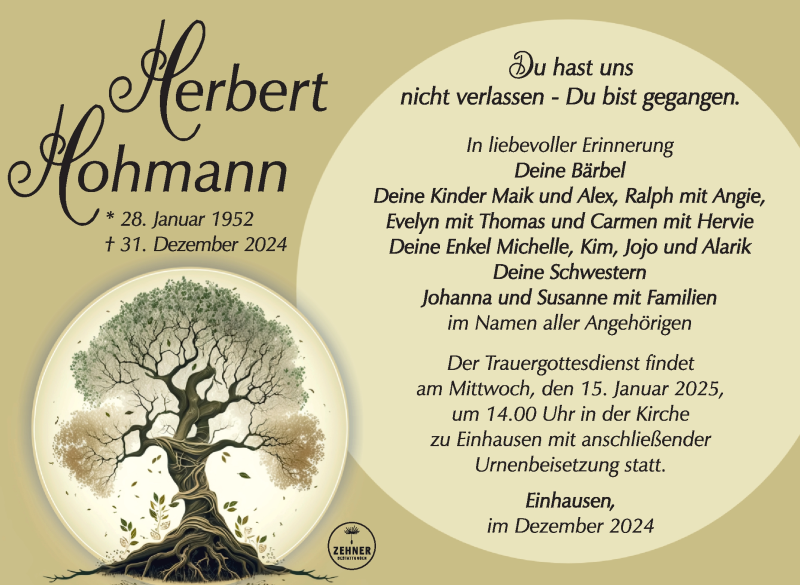  Traueranzeige für Herbert Hohmann vom 10.01.2025 aus Südthüringer Presse