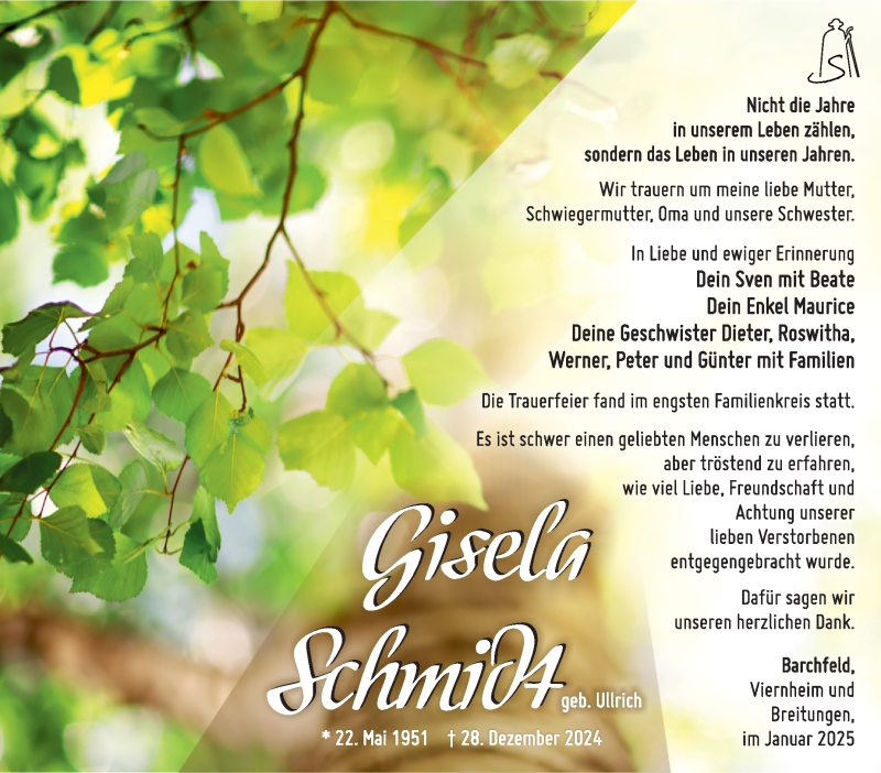  Traueranzeige für Gisela Schmidt vom 18.01.2025 aus Südthüringer Presse