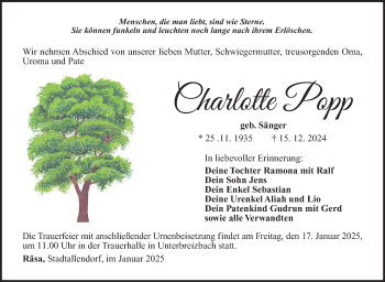 Traueranzeige von Charlotte Popp von Südthüringer Presse