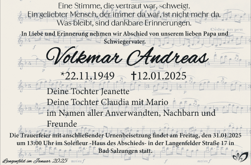  Traueranzeige für Volkmar Andreas vom 25.01.2025 aus Südthüringer Presse