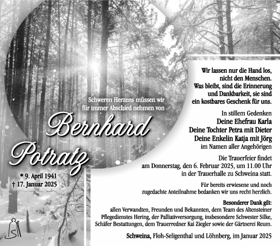 Traueranzeige von Bernhard Potratz von Südthüringer Presse