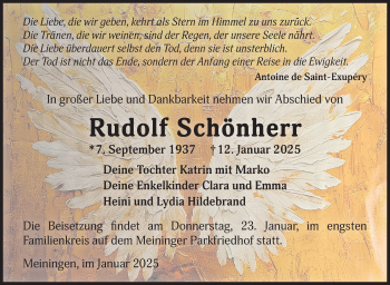 Traueranzeige von Rudolf Schönherr von Südthüringer Presse