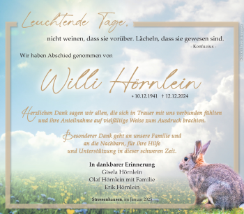 Traueranzeige von Willi Hörnlein von Südthüringer Presse